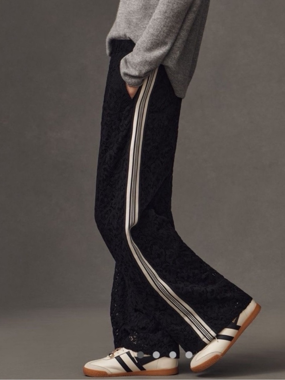 Anthropologie Black Lace Pull-On Track Pants with Ivory Stripe, Brooklin, Maeve